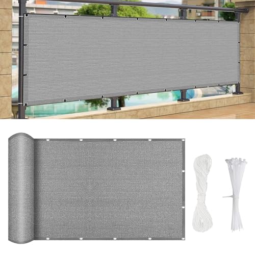 Balkon Sichtschutz Balkonabdeckung 250 x 30 cm HDPE Gewebe, Uv-Schutz, Balkon-Sichtschutz Garten-Sichtschutz, mit Kabelbinder Und Kordel, für Camping Swimming Pool, Hellgrau von YUANZHI