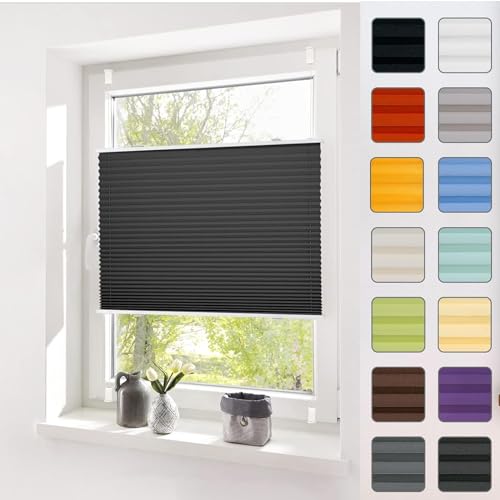 Plissee ohne Bohren Plissees Klemmfix 55 x 60 cm Kleben ohne Bohren zum Fensterrahmen Fenster Plissee Klemmfix Jalousie, mit Montagezubehör, für Schlafzimmer Badezimmer, Schwarz von YUANZHI