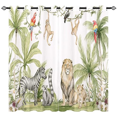 YUANZU Afrikanische Tier Vorhänge Safari Dschungel Löwe Zebra Affen Papageien Palmen Blumen Ösen Gardinen mit Blickdichte Vorhang Blackout Curtain Kinderzimmer Schlafzimmer 2 Stück, H 200 x B 140 cm von YUANZU