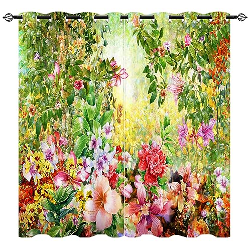 YUANZU Aquarell Blumen Vorhänge Boho Abstrakte Frühling Ösen Gardinen mit Blickdichte Thermo Vorhang Kälteschutz Blackout Curtain Mädchenzimmer Verdunkelung Fenster, 2 Stück, H 137 x B 132 cm von YUANZU