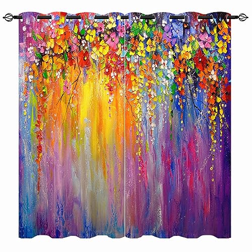 YUANZU Aquarell Vorhänge Ölgemälde Blumen Floral Frühling Ösen Gardinen mit Blickdichte Thermo Vorhang Kälteschutz Blackout Curtain Mädchenzimmer Verdunkelung Fenster, 2 Stück, H 229 x B 168 cm von YUANZU