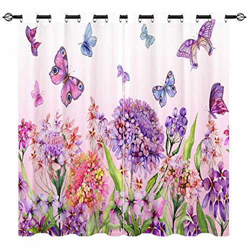 YUANZU Blumen Schmetterling Vorhänge Sommer Aquarell Blume Bunt Ösen Gardinen mit Blickdichte Thermo Vorhang Kälteschutz Blackout Curtain Mädchenzimmer Verdunkelung Fenster, 2 Stück, H 160 x B 132 cm von YUANZU