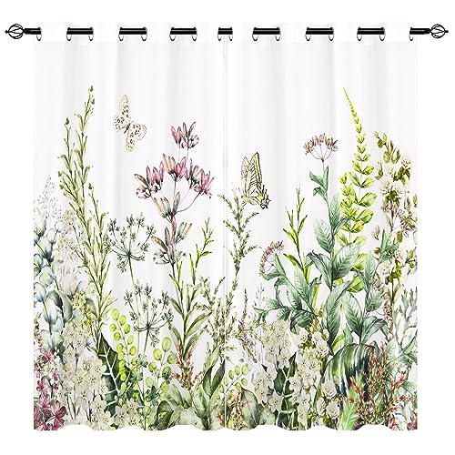 YUANZU Blumen Vorhänge Bunte Border Kräuter und Schmetterling Ösen Gardinen mit Blickdichte Thermo Vorhang Kälteschutz Blackout Curtain Mädchenzimmer Verdunkelung Fenster, 2 Stück, H 137 x B 132 cm von YUANZU