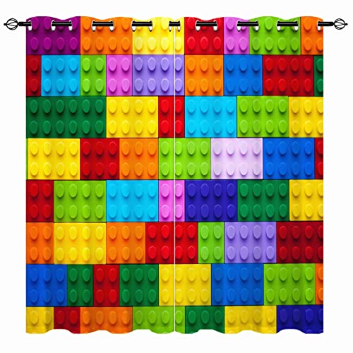 YUANZU Bunte Würfel Blöcke Vorhänge Kinder Baby Ösen Gardinen mit Blickdichte Thermo Vorhang Kälteschutz Blackout Curtain Kinderzimmer Schlafzimmer Verdunkelung Fenster, 2 Stück, H 160 x B 106 cm von YUANZU