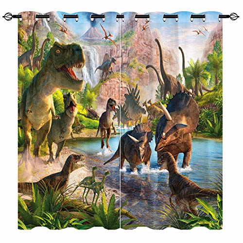 YUANZU Dinosaurier Vorhänge Jungen Dschungeltiere Ösen Gardinen mit Blickdichte Thermo Vorhang Kälteschutz Blackout Curtain Kinderzimmer Schlafzimmer Verdunkelung Fenster, 2 Stück, H 160 x B 132 cm von YUANZU