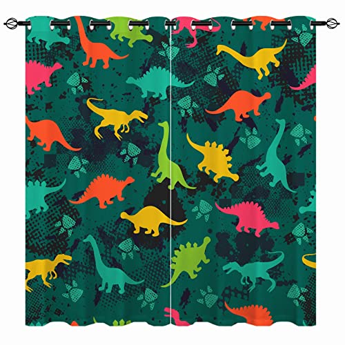 YUANZU Dinosaurier Vorhänge Kinder Jungen Dino Tier Ösen Gardinen mit Blickdichte Thermo Vorhang Kälteschutz Blackout Curtain Kinderzimmer Schlafzimmer Verdunkelung Fenster, 2 Stück, H 160 x B 132 cm von YUANZU