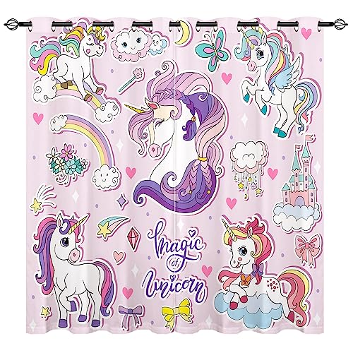 YUANZU Einhorn Vorhänge Kinder Regenbogen Tier Druck Ösen Gardinen mit Blickdichte Vorhang Kälteschutz Blackout Curtain Mädchenzimmer Schlafzimmer Verdunkelung Fenster, 2 Stück, H 114 x B 132 cm von YUANZU