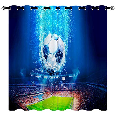 YUANZU Fußball Sportfeld Vorhänge Blaue 3D Muster Ösen Gardinen mit Blickdichte Thermo Vorhang Kälteschutz Blackout Curtain Kinderzimmer Schlafzimmer Verdunkelung Fenster, 2 Stück, H 114 x B 132 cm von YUANZU