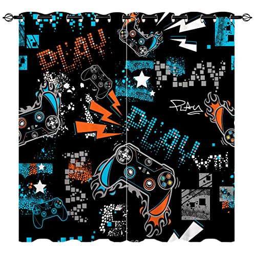 YUANZU Gamepad Curtains - Kids Graffiti Gamer Video Game Joystick Print Pattern Eyelet Blackout Thermal Insulated & Room Darkening Window Drapes for Boys Teen Bedroom Playroom 2 Panels W117cm x D183cm von YUANZU