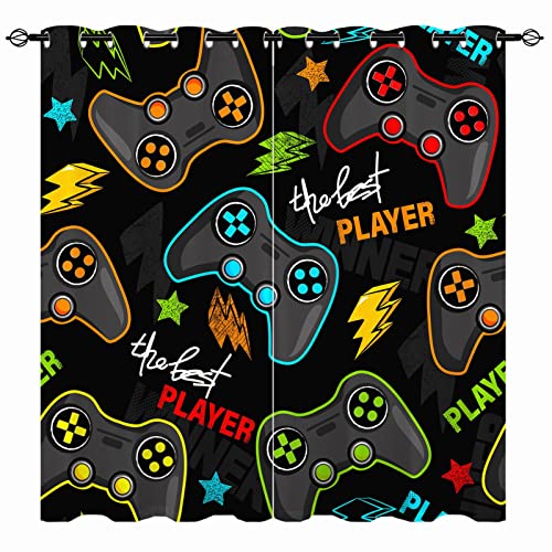 YUANZU Gamepad Vorhänge Kinder Gamer Videospiel Ösen Gardinen mit Blickdichte Thermo Vorhang Kälteschutz Blackout Curtain Kinderzimmer Schlafzimmer Verdunkelung Fenster, 2 Stück, H 160 x B 132 cm von YUANZU