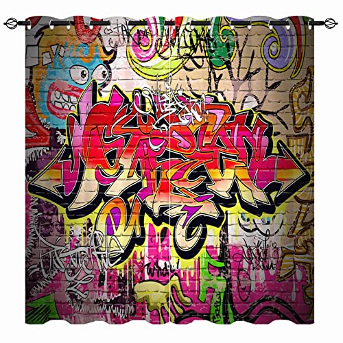 YUANZU Graffiti Vorhänge Bunt Hip-Hop Doodle Hippie Ösen Gardinen mit Blickdichte Thermo Vorhang Kälteschutz Blackout Curtain Kinderzimmer Schlafzimmer Verdunkelung Fenster, 2 Stück, H 160 x B 132 cm von YUANZU