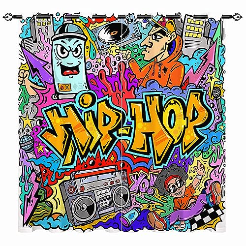 YUANZU Hippie Vorhänge Kinder Bunte Hip Hop Graffiti Doodle Ösen Gardinen mit Blickdichte Vorhang Kälteschutz Blackout Curtain Kinderzimmer Schlafzimmer Verdunkelung Fenster, 2 Stück, H 137 x B 132 cm von YUANZU