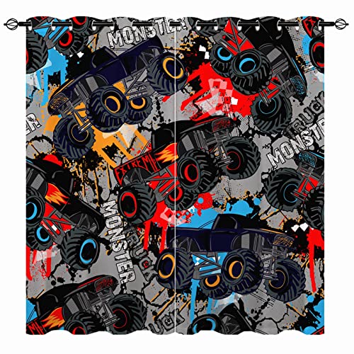 YUANZU Jungen Vorhänge Kinder Monster Truck Ösen Gardinen mit Blickdichte Thermo Vorhang Kälteschutz Blackout Curtain Kinderzimmer Schlafzimmer Verdunkelung Fenster, 2 Stück, H 175 x B 140 cm von YUANZU