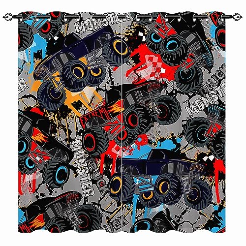 YUANZU Jungen Vorhänge Monster Truck Kinder Ösen Gardinen mit Blickdichte Thermo Vorhang Kälteschutz Blackout Curtain Kinderzimmer Schlafzimmer Verdunkelung Fenster, 2 Stück, H 200 x B 140 cm von YUANZU