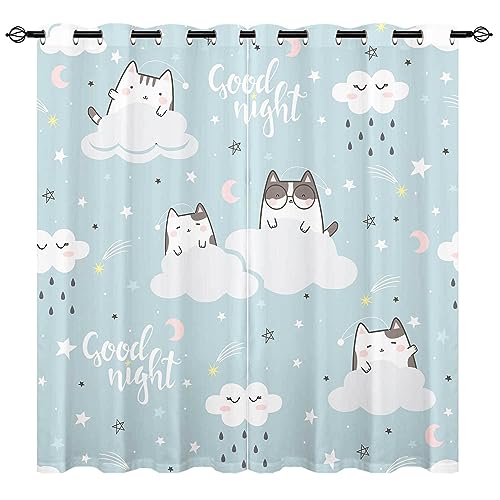 YUANZU Katze Vorhänge Jungen Mädchen Schlafende Tiere Ösen Gardinen mit Blickdichte Vorhang Kälteschutz Blackout Curtain Kinderzimmer Schlafzimmer Verdunkelung Fenster, 2 Stück, H 137 x B 132 cm von YUANZU