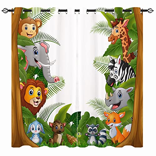 YUANZU Kinder Vorhänge Dschungel Wald Tiere Zoo Ösen Gardinen mit Blickdichte Thermo Vorhang Kälteschutz Blackout Curtain Kinderzimmer Schlafzimmer Verdunkelung Fenster, 2 Stück, H 114 x B 132 cm von YUANZU