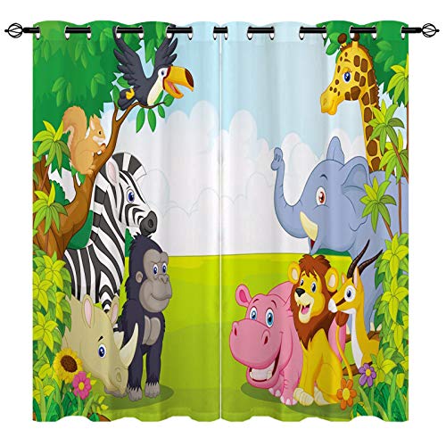 YUANZU Kinder Vorhänge Dschungeltiere 3D-Muster Ösen Gardinen mit Blickdichte Thermo Vorhang Kälteschutz Blackout Curtain Kinderzimmer Schlafzimmer Verdunkelung Fenster, 2 Stück, H 160 x B 132 cm von YUANZU