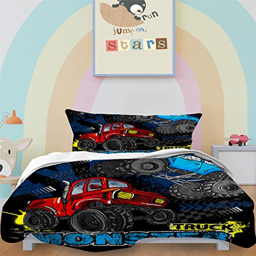 YUANZU LKW-Bettbezug-Set, Kinder, Bettwäsche-Set, 2-teilig, blau, rot, Monster-Truck, Bedruckt, weiche Mikrofaser, Bettbezug mit Reißverschluss (135 x 200 cm und 1 Kissenbezug) von YUANZU