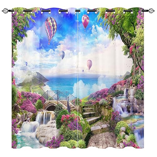 YUANZU Meer Ansicht Vorhänge Garten Blume Wasserfall Ballone Ösen Gardinen mit Blickdichte Vorhang Kälteschutz Blackout Curtain Wohnzimmer Schlafzimmer Verdunkelung Fenster, 2 Stück, H 160 x B 106 cm von YUANZU