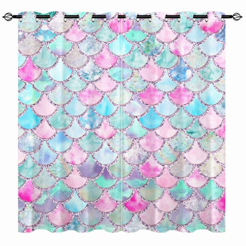 YUANZU Meerjungfrau Waagen Vorhänge Fisch Waagen Ösen Gardinen mit Blickdichte Thermo Vorhang Kälteschutz Blackout Curtain Wohnzimmer Schlafzimmer Verdunkelung Fenster, 2 Stück, H 137 x B 132 cm von YUANZU