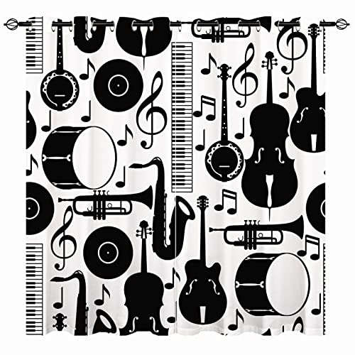 YUANZU Musik Vorhänge Jazz Musik Schwarz Weiß Anmerkung Ösen Gardinen mit Blickdichte Vorhang Kälteschutz Blackout Curtain Kinderzimmer Schlafzimmer Verdunkelung Fenster, 2 Stück, H 137 x B 132 cm von YUANZU