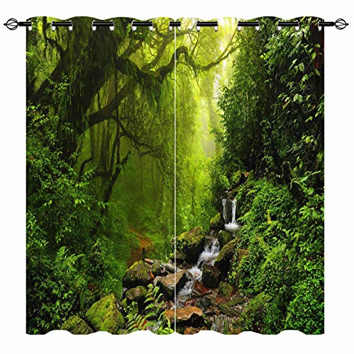 YUANZU Natur Vorhänge Wald Grünes Dschungel Wasserfall Ösen Gardinen mit Blickdichte Thermo Vorhang Kälteschutz Blackout Curtain Wohnzimmer Schlafzimmer Verdunkelung Fenster, 2 Stück, H 137 x B 132 cm von YUANZU