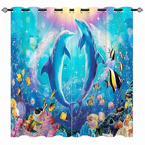 YUANZU Ozean Vorhänge Fische Koralle Delphin Unterwasser Ösen Gardinen mit Blickdichte Vorhang Kälteschutz Blackout Curtain Kinderzimmer Schlafzimmer Verdunkelung Fenster, 2 Stück, H 137 x B 132 cm von YUANZU