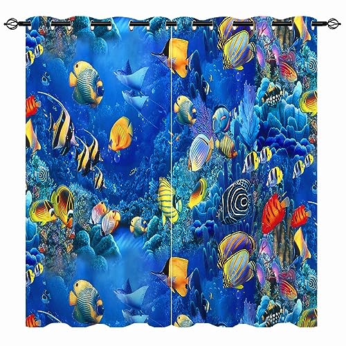 YUANZU Ozean Vorhänge Fische Koralle Tier Unterwasser Ösen Gardinen mit Blickdichte Vorhang Kälteschutz Blackout Curtain Kinderzimmer Schlafzimmer Verdunkelung Fenster, 2 Stück, H 160 x B 132 cm von YUANZU