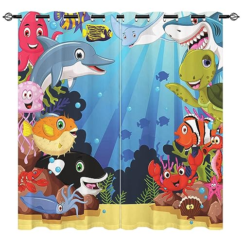 YUANZU Ozean Vorhänge Unterwasser Fische Meer Welt Szene Ösen Gardinen mit Blickdichte Vorhang Kälteschutz Blackout Curtain Kinderzimmer Schlafzimmer Verdunkelung Fenster, 2 Stück, H 160 x B 132 cm von YUANZU