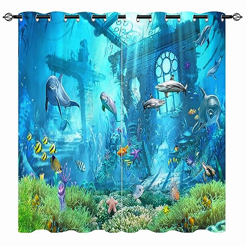 YUANZU Ozean Vorhänge Unterwasser Tiere Marine Leben Delfin Ösen Gardinen mit Blickdichte Vorhang Kälteschutz Blackout Curtain Kinderzimmer Schlafzimmer Verdunkelung Fenster, 2 Stück, H 160 x B 106 cm von YUANZU