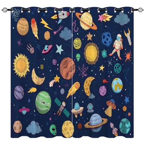 YUANZU Raum Vorhänge Planeten Astrologie Rakete Kosmisch Ösen Gardinen mit Blickdichte Vorhang Kälteschutz Blackout Curtain Kinderzimmer Schlafzimmer Verdunkelung Fenster, 2 Stück, H 160 x B 106 cm von YUANZU