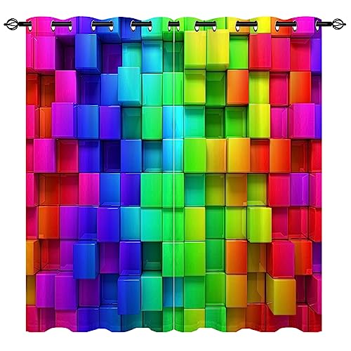 YUANZU Regenbogen Vorhänge Kontur Block Ziegel Ösen Gardinen mit Blickdichte Thermo Vorhang Kälteschutz Blackout Curtain Kinderzimmer Schlafzimmer Verdunkelung Fenster, 2 Stück, H 114 x B 132 cm von YUANZU