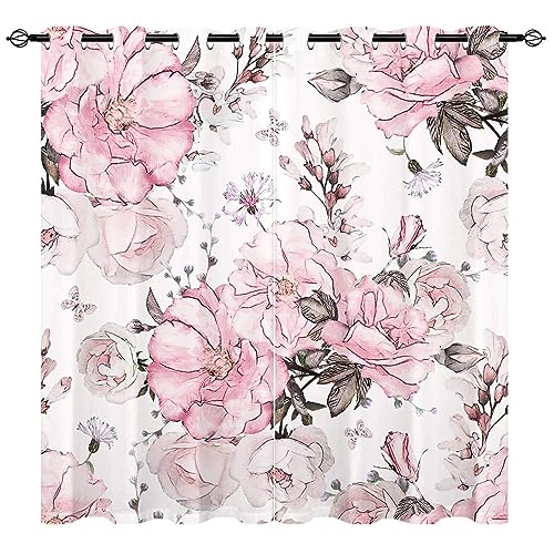 YUANZU Rosa Blumen Vorhänge Mädchen Aquarell Floral Rose Ösen Gardinen mit Blickdichte Vorhang Kälteschutz Blackout Curtain Wohnzimmer Schlafzimmer Verdunkelung Fenster, 2 Stück, H 245 x B 200 cm von YUANZU