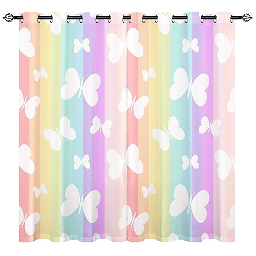 YUANZU Schmetterling Vorhänge Mädchen Regenbogen Streifen Ösen Gardinen mit Blickdichte Vorhang Kälteschutz Blackout Curtain Mädchenzimmer Schlafzimmer Verdunkelung Fenster, 2 Stück, H 220 x B 140 cm von YUANZU