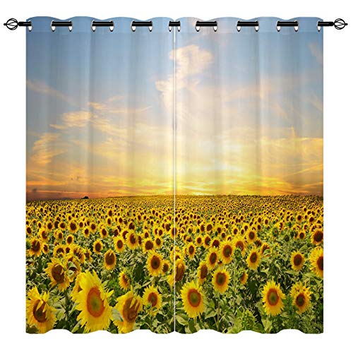 YUANZU Sonnenblume Vorhänge Ackerland Blume Meer Gelbe Blumen Ösen Gardinen mit Blickdichte Vorhang Kälteschutz Blackout Curtain Wohnzimmer Schlafzimmer Verdunkelung Fenster, 2 Stück, H 160 x B 132 cm von YUANZU