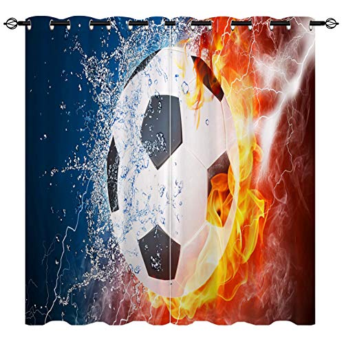 YUANZU Sport Vorhänge Fußball Bälle Auf Feuer Wasser Ösen Gardinen mit Blickdichte Thermo Vorhang Kälteschutz Blackout Curtain Kinderzimmer Schlafzimmer Verdunkelung Fenster, 2 Stück, H 160 x B 132 cm von YUANZU