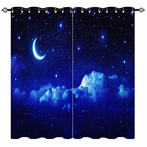 YUANZU Sternen Mond Vorhänge Sommer Blauer Nachthimmel Ösen Gardinen mit Blickdichte Vorhang Kälteschutz Blackout Curtain Kinderzimmer Schlafzimmer Verdunkelung Fenster, 2 Stück, H 160 x B 132 cm von YUANZU