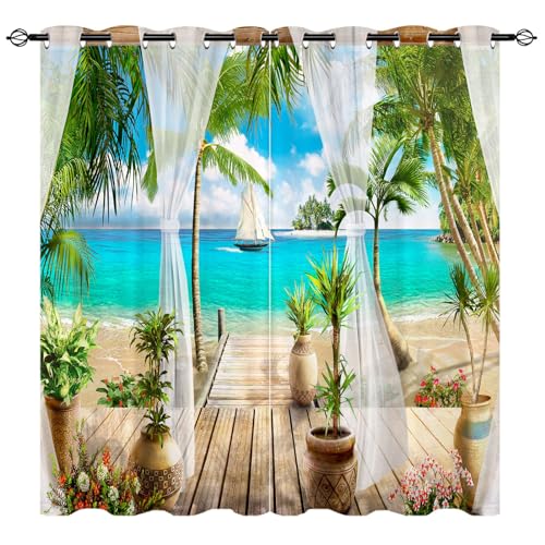 YUANZU Strand Ozean Vorhänge Meerblick Palme Kokosnuss Baum Ösen Gardinen mit Blickdichte Vorhang Kälteschutz Blackout Curtain Wohnzimmer Schlafzimmer Verdunkelung Fenster, 2 Stück, H 213 x B 132 cm von YUANZU