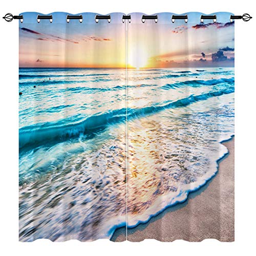 YUANZU Strand Ozean Vorhänge Tropisch Sonnenuntergang Ösen Gardinen mit Blickdichte Thermo Vorhang Kälteschutz Blackout Curtain Wohnzimmer Schlafzimmer Verdunkelung Fenster, 2 Stück, H 114 x B 132 cm von YUANZU