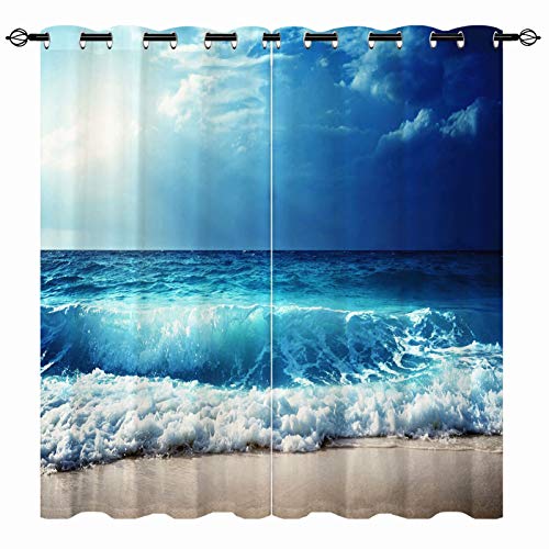 YUANZU Strand Vorhänge Ozean Tropisches Blaues Meer Wellen Ösen Gardinen mit Blickdichte Vorhang Kälteschutz Blackout Curtain Wohnzimmer Schlafzimmer Verdunkelung Fenster, 2 Stück, H 137 x B 132 cm von YUANZU