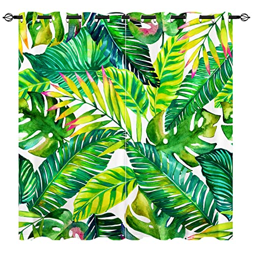 YUANZU Tropische Blätter Vorhänge Bunte Palme Natur Ösen Gardinen mit Blickdichte Thermo Vorhang Kälteschutz Blackout Curtain Wohnzimmer Schlafzimmer Verdunkelung Fenster, 2 Stück, H 114 x B 132 cm von YUANZU