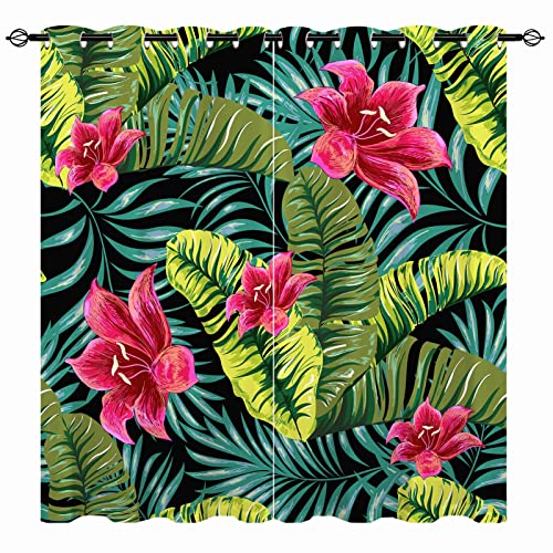 YUANZU Tropische Vorhänge Palme Blumen Blätter Ösen Gardinen mit Blickdichte Thermo Vorhang Kälteschutz Blackout Curtain Wohnzimmer Schlafzimmer Verdunkelung Fenster, 2 Stück, H 114 x B 132 cm von YUANZU