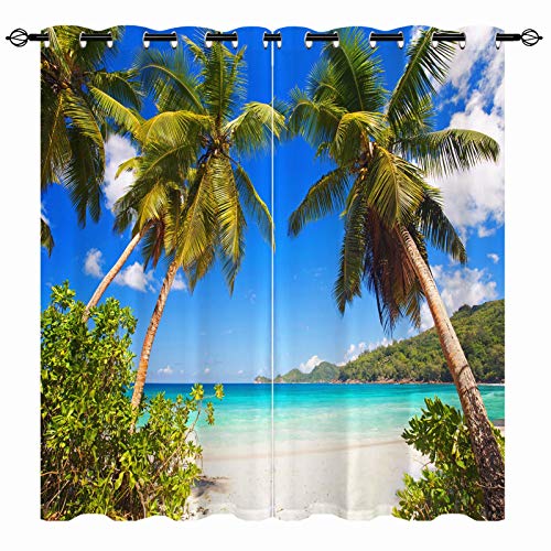 YUANZU Tropische Vorhänge Strand Küste Palmen Sommer Ozean Ösen Gardinen mit Blickdichte Vorhang Kälteschutz Blackout Curtain Wohnzimmer Schlafzimmer Verdunkelung Fenster, 2 Stück, H 213 x B 132 cm von YUANZU