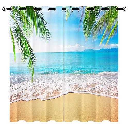 YUANZU Tropischer Vorhänge Palmen Strand Blauer Himmel Weiße Wolken Ösen Gardinen mit Blickdichte Vorhang Blackout Curtain Wohnzimmer Schlafzimmer Verdunkelung Fenster, 2 Stück, H 160 x B 106 cm von YUANZU