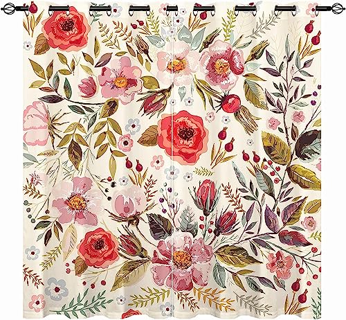 YUANZU Vintage Vorhänge Boho Stil Aquarell Blumen Ösen Gardinen mit Blickdichte Thermo Vorhang Kälteschutz Blackout Curtain Mädchenzimmer Schlafzimmer Verdunkelung Fenster, 2 Stück, H 114 x B 132 cm von YUANZU