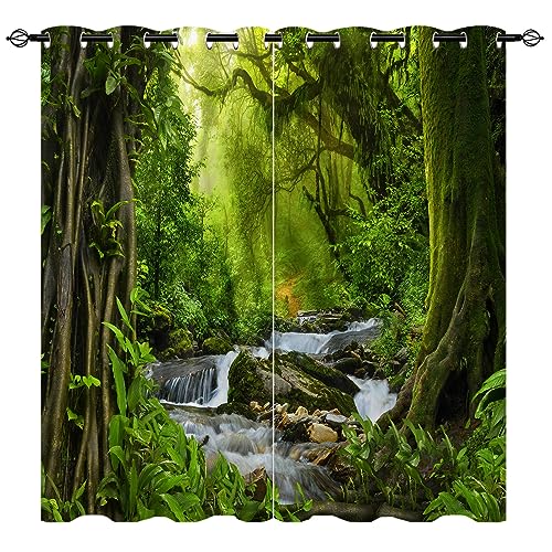 YUANZU Wald Vorhänge Natur Tropischer Dschungel Fluss Regenwald Wasserfall Ösen Gardinen mit Blickdichte Blackout Curtain Wohnzimmer Schlafzimmer Verdunkelung Fenster, 2 Stück, H 137 x B 132 cm von YUANZU