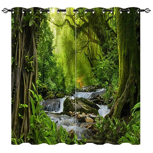 YUANZU Wald Vorhänge Natur Tropischer Dschungel Fluss Regenwald Wasserfall Ösen Gardinen mit Blickdichte Blackout Curtain Wohnzimmer Schlafzimmer Verdunkelung Fenster, 2 Stück, H 213 x B 200 cm von YUANZU