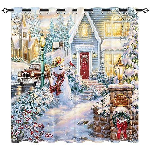 YUANZU Weihnachts Vorhänge 3D Glücklicher Schneemann Vogel Bauernhaus Ösen Gardinen mit Blickdichte Vorhang Blackout Curtain Wohnzimmer Schlafzimmer Verdunkelung Fenster, 2 Stück, H 137 x B 132 cm von YUANZU