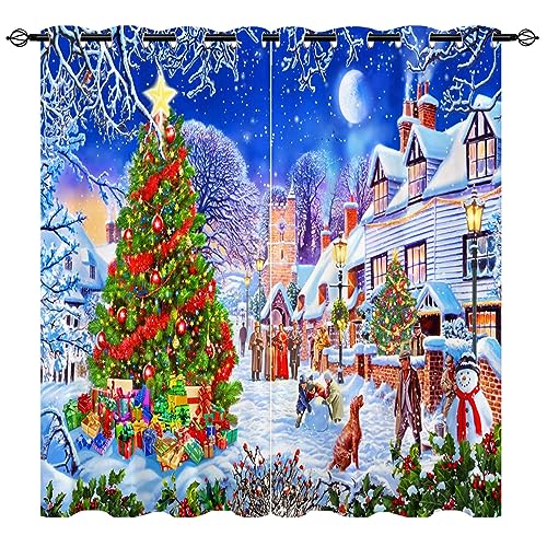 YUANZU Weihnachts Vorhänge Schneeflocken Weihnachtsbaum Schneemann Ösen Gardinen mit Blickdichte Vorhang Blackout Curtain Wohnzimmer Schlafzimmer Verdunkelung Fenster, 2 Stück, H 114 x B 132 cm von YUANZU