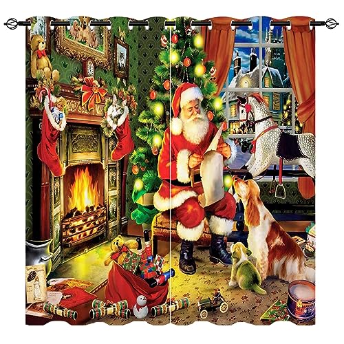 YUANZU Weihnachts Vorhänge Weihnachtsmann Dekor Geschenk Hund Muster Ösen Gardinen mit Blickdichte Vorhang Blackout Curtain Wohnzimmer Schlafzimmer Verdunkelung Fenster, 2 Stück, H 175 x B 140 cm von YUANZU